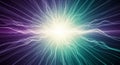 Abstract digital art of a radiant starburst light explosion with dynamic blue and green energy waves on a purple to blue gradient Royalty Free Stock Photo