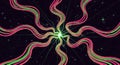 Abstract digital art with vibrant green starburst pattern on black cosmic background featuring pink yellow energy lines and Royalty Free Stock Photo
