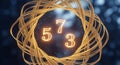 Mysterious orb with glowing numbers 5 7 3 and intricate golden wireframe structure isolated on white background Royalty Free Stock Photo