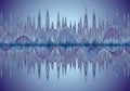 Abstract digital artwork featuring a complex array of undulating waveforms. Set against a blue to Royalty Free Stock Photo