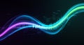 Abstract digital artwork featuring dynamic, multicolored waves in hues of blue,