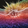 Abstract digital artwork featuring an explosion of multicolored rectangular prisms,