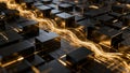 Abstract digital artwork featuring a glowing golden wave flowing over a grid of black cubes evoking themes of data streams and Royalty Free Stock Photo
