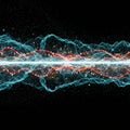 Abstract digital artwork featuring intertwined blue and red waveforms against a black