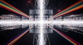 Abstract Cube Tunnel with Rainbow Light Beams and Particle Explosion Royalty Free Stock Photo