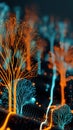 Abstract digital artwork glowing circuit pattern tree network, neon blue orange background, futuristic data flow, soft bokeh Royalty Free Stock Photo