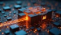 Abstract digital artwork showing Ai data processing core with orange light streams and glowing particles. Futuristic technology Royalty Free Stock Photo