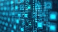 Abstract digital background with blue glowing icons and binary code. Perfect for technology, data, and security concepts