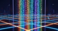 Abstract digital background with colorful binary code streams and neon grid lines design Royalty Free Stock Photo