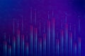An abstract digital background with a dark purple color palette featuring a dynamic display of vertical blue lines and red dots