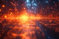 Abstract Digital Data Stream Background with Glowing Orange and Blue Particles, Futuristic Network Grid Royalty Free Stock Photo