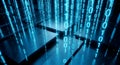 Blue Binary Code Falling on Reflective Cubes, Digital Technology Background Royalty Free Stock Photo
