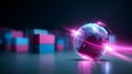 Abstract digital background with glowing globe and cubes in neon light. Royalty Free Stock Photo