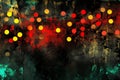 An abstract digital background of scattered luminous dots in red, green, and yellow over a dark, ai