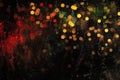 An abstract digital background of scattered luminous dots in red, green, and yellow over a dark, ai