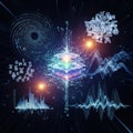 Abstract digital with binary code, glowing geometric shapes, and data visualization Royalty Free Stock Photo