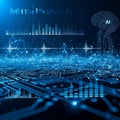 Abstract digital blue circuit board with ai brain and data visualizations Royalty Free Stock Photo