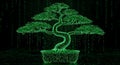 Digital Bonsai Tree Made of Binary Code, Green Matrix Effect Royalty Free Stock Photo