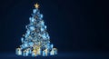 Abstract Digital Christmas Tree, a photorealistic 3D render of glowing blue and gold interconnected nodes representing secure data Royalty Free Stock Photo
