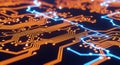 Abstract Digital Circuit Board with Blue and Orange Glowing Lines technology electronics Royalty Free Stock Photo