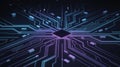 Abstract digital circuit board with a central processor glowing purple and radiating blue and pink light pathways Royalty Free Stock Photo
