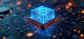Abstract digital circuit board with glowing blue cube processor. Futuristic tech network, data flow, microchip innovation, server Royalty Free Stock Photo