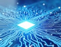 Abstract digital circuit board with glowing central processor. Blue lines form intricate pathways, suggesting data flow and Royalty Free Stock Photo