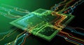 Abstract Digital Circuit Board with Glowing Data Flow and Microchip Technology Concept Royalty Free Stock Photo