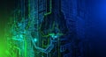 Abstract digital circuit board with glowing green lines and binary code numbers on a dark blue and green gradient Royalty Free Stock Photo