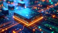 Abstract digital circuit board with glowing lines and processor chip design Royalty Free Stock Photo