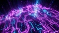 Abstract digital circuit board with glowing neon purple and blue lines Royalty Free Stock Photo