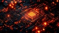 Abstract Digital Circuit Board with Glowing Orange Elements and Central Processing Unit Design Royalty Free Stock Photo
