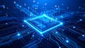Abstract digital circuit board with glowing processor and data streams in blue Royalty Free Stock Photo