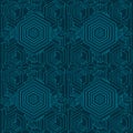 Abstract digital circuit board pattern with hexagonal shapes and intricate lines in blue tones, perfect for technology-themed Royalty Free Stock Photo