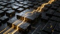 Abstract digital circuitry with glowing orange pathways on a black modular grid evoking advanced technology and data processing Royalty Free Stock Photo