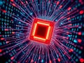 Abstract digital circuitry with glowing red processor and binary code streams created as an AI-generated image Royalty Free Stock Photo
