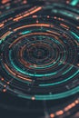 Abstract digital circular interface with glowing neon lines and data points in a futuristic theme Royalty Free Stock Photo