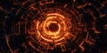 Abstract digital circular pattern with glowing orange lines and intricate geometric shapes, creating a futuristic