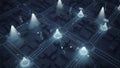 Abstract digital city map with glowing light points representing network connections and data flow Royalty Free Stock Photo