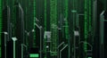 Abstract Digital Cityscape with Green Binary Code Rain and Futuristic Architecture Royalty Free Stock Photo
