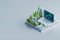 Abstract Digital Cityscape With Greenery And Laptop Screen Displaying Data Analytics Royalty Free Stock Photo