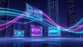 Abstract Digital Cityscape with Neon Light Streams and Holographic Data Interfaces technology Royalty Free Stock Photo
