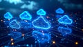 Abstract digital cloud computing concept with glowing blue clouds and network connections Royalty Free Stock Photo