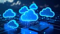 Abstract digital cloud computing concept with laptop and glowing cloud icons Royalty Free Stock Photo