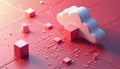 Abstract digital cloud computing network illustration. Isometric view shows geometric shapes and circuits on pink gradient Royalty Free Stock Photo