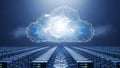 Digital cloud computing network visualization above rows of illuminated server racks in a futuristic data center environment Royalty Free Stock Photo