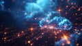 Abstract digital cloud processing background with glowing pixels and data flow lines. Concept