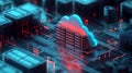 Abstract Cloud Computing Server Network Digital Technology Data Center 3d web red blue neon glow Royalty Free Stock Photo