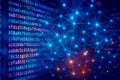 Abstract digital code with glowing blue network connections and data points programming Royalty Free Stock Photo