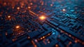 Abstract digital complex circuit board pattern background with glowing blue data nodes and interconnected lines. Big data,